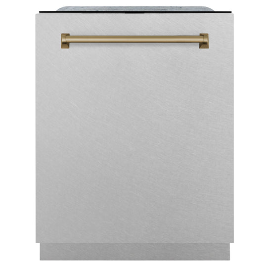 ZLINE Autograph Edition 24" Monument Series 3rd Rack Top Touch Control Tall Tub Dishwasher in Fingerprint Resistant Stainless Steel with Champagne Bronze Handle, 45dBa (DWMTZ-SN-24-CB)