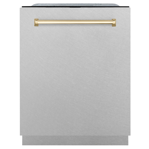 ZLINE Autograph Edition 24" Monument Series 3rd Rack Top Touch Control Tall Tub Dishwasher in Fingerprint Resistant Stainless Steel with Polished Gold Handle, 45dBa (DWMTZ-SN-24-G)