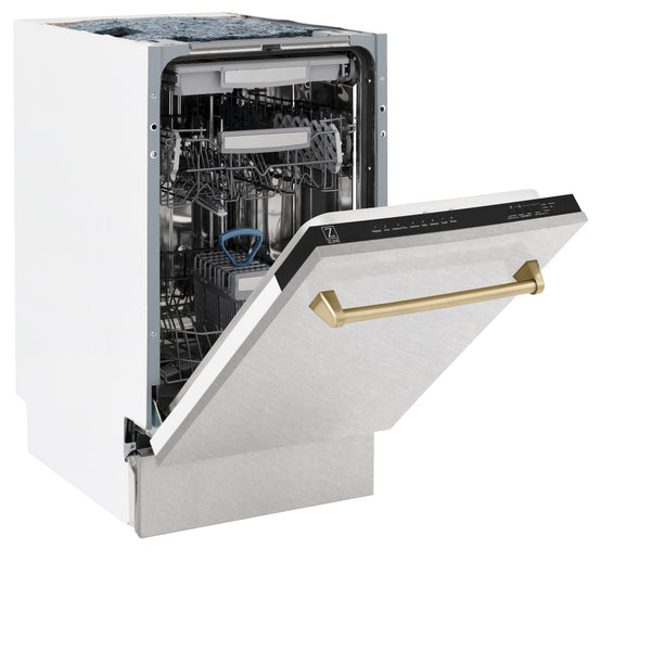 ZLINE Autograph Edition 18” Tallac Series 3rd Rack Top Control Built-In Dishwasher in Fingerprint Resistant Stainless Steel with Champagne Bronze Handle, 51dBa (DWVZ-SN-18-CB)