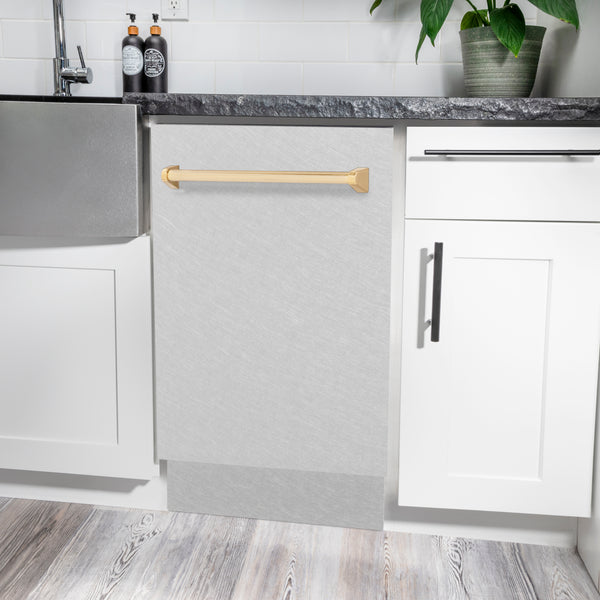 ZLINE Autograph Edition 18” Tallac Series 3rd Rack Top Control Built-In Dishwasher in Fingerprint Resistant Stainless Steel with Polished Gold Handle, 51dBa (DWVZ-SN-18-G)
