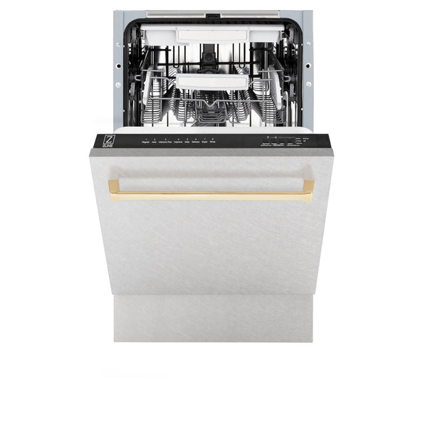 ZLINE Autograph Edition 18” Tallac Series 3rd Rack Top Control Built-In Dishwasher in Fingerprint Resistant Stainless Steel with Polished Gold Handle, 51dBa (DWVZ-SN-18-G)