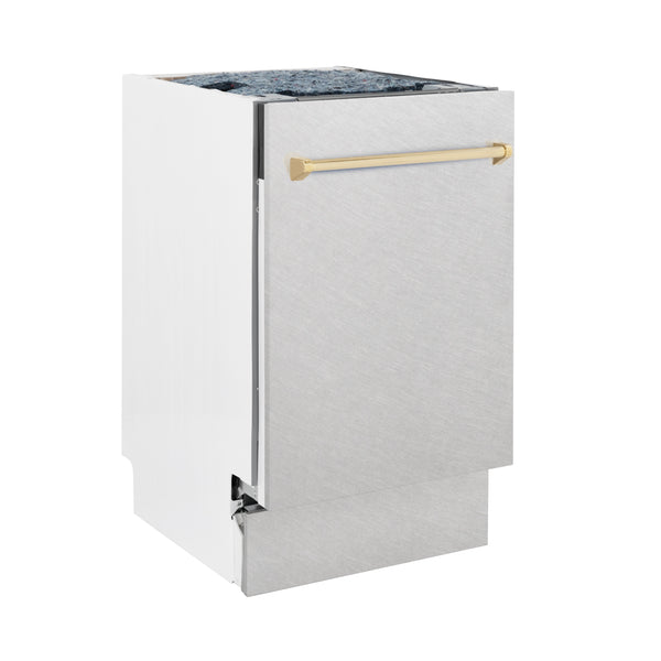 ZLINE Autograph Edition 18” Tallac Series 3rd Rack Top Control Built-In Dishwasher in Fingerprint Resistant Stainless Steel with Polished Gold Handle, 51dBa (DWVZ-SN-18-G)
