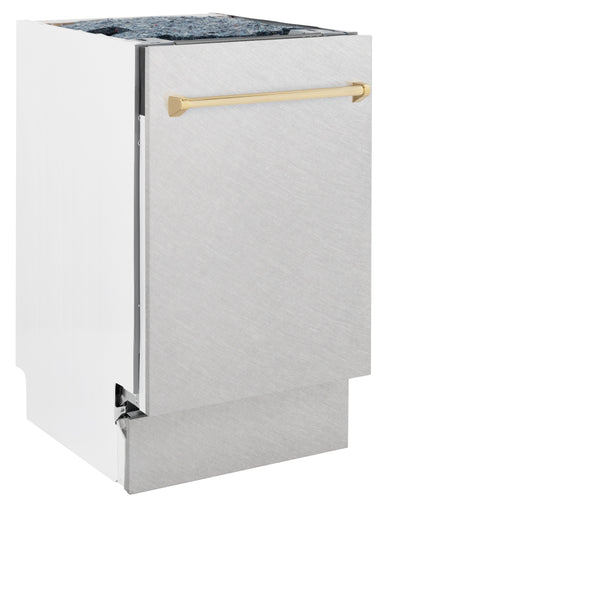 ZLINE Autograph Edition 18” Tallac Series 3rd Rack Top Control Built-In Dishwasher in Fingerprint Resistant Stainless Steel with Polished Gold Handle, 51dBa (DWVZ-SN-18-G)