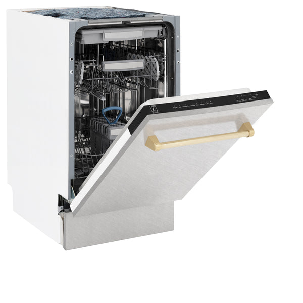 ZLINE Autograph Edition 18” Tallac Series 3rd Rack Top Control Built-In Dishwasher in Fingerprint Resistant Stainless Steel with Polished Gold Handle, 51dBa (DWVZ-SN-18-G)