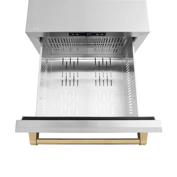 ZLINE Autograph Edition 24 in. Touchstone 168 Can Outdoor-Rated Dual Refrigerator Drawer with Satin Stainless Steel Doors and Champagne Bronze Handles (RDSOZ-SN-24-CB)