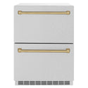 ZLINE Autograph Edition 24 in. Touchstone 168 Can Outdoor-Rated Dual Refrigerator Drawer with Satin Stainless Steel Doors and Champagne Bronze Handles (RDSOZ-SN-24-CB)