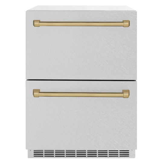 ZLINE Autograph Edition 24 in. Touchstone 168 Can Outdoor-Rated Dual Refrigerator Drawer with Satin Stainless Steel Doors and Champagne Bronze Handles (RDSOZ-SN-24-CB)