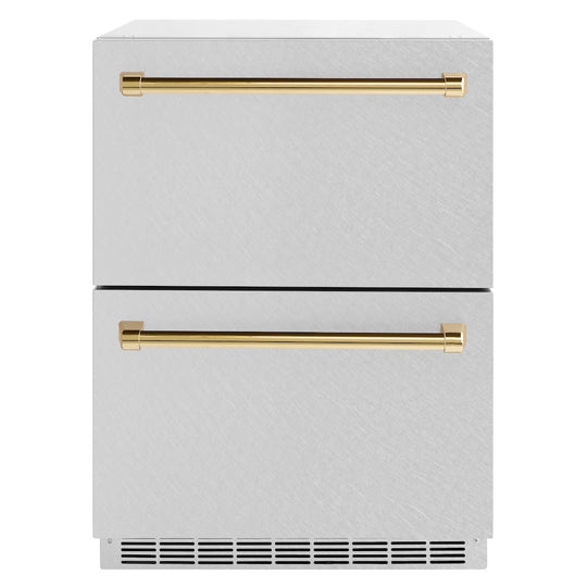 ZLINE Autograph Edition 24 in. Touchstone 168 Can Outdoor-Rated Dual Refrigerator Drawer with Satin Stainless Steel Doors and Polished Gold Handles (RDSOZ-SN-24-G)