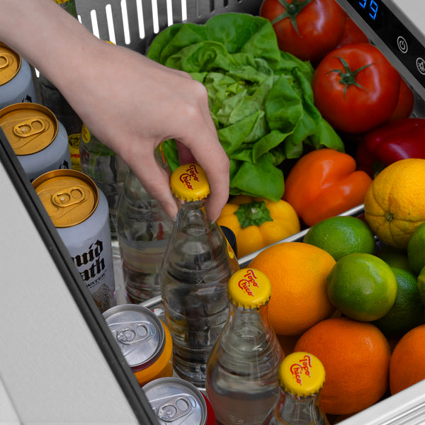 ZLINE Autograph Edition 24 in. Touchstone 168 Can Outdoor-Rated Dual Refrigerator Drawer with Satin Stainless Steel Doors and Matte Black Handles (RDSOZ-SN-24-MB)