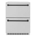 ZLINE Autograph Edition 24 in. Touchstone 168 Can Outdoor-Rated Dual Refrigerator Drawer with Satin Stainless Steel Doors and Matte Black Handles (RDSOZ-SN-24-MB)