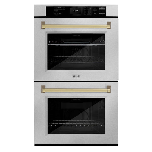 ZLINE 30 in. Autograph Edition Professional True Convection Double Wall Oven with Air Fry and Self Clean in Satin Stainless Steel with Champagne Bronze Handles (WADSZ-30-CB)