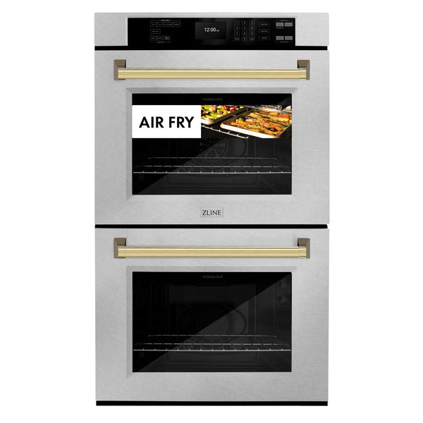 ZLINE 30 in. Autograph Edition Professional True Convection Double Wall Oven with Air Fry and Self Clean in Satin Stainless Steel with Polished Gold Handles (WADSZ-30-G)
