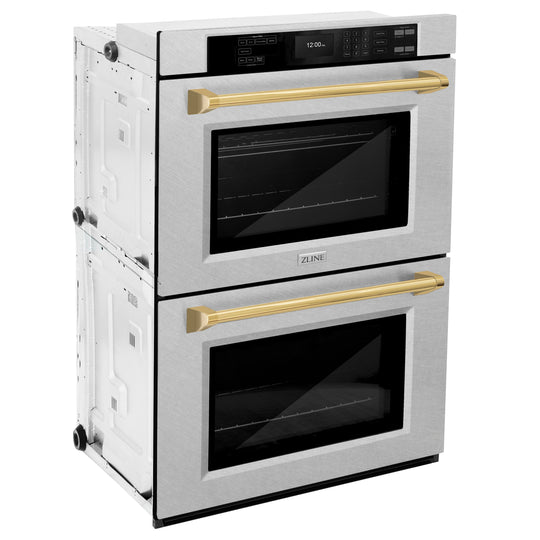 ZLINE 30 in. Autograph Edition Professional True Convection Double Wall Oven with Air Fry and Self Clean in Satin Stainless Steel with Polished Gold Handles (WADSZ-30-G)