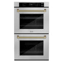 ZLINE Autograph Edition 30 in. Professional True Convection Double Wall Oven with Air Fry and Self Clean in Satin Stainless Steel with Champagne Bronze Helix Handles (WADSZ-30-KCB)