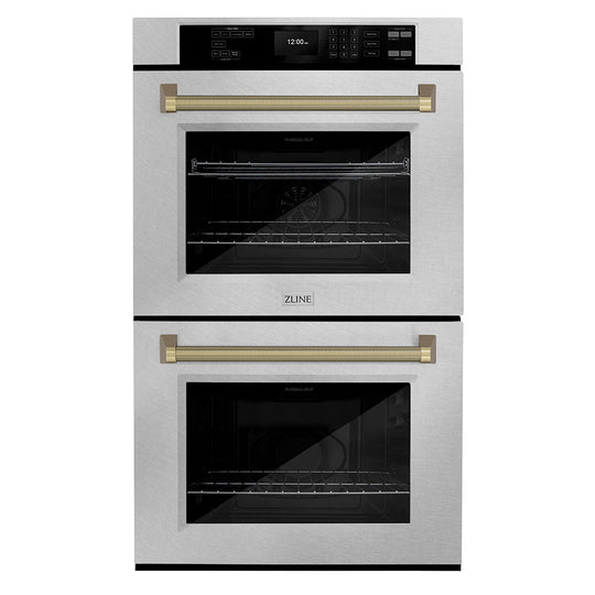 ZLINE Autograph Edition 30 in. Professional True Convection Double Wall Oven with Air Fry and Self Clean in Satin Stainless Steel with Champagne Bronze Helix Handles (WADSZ-30-KCB)