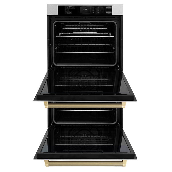 ZLINE Autograph Edition 30 in. Professional True Convection Double Wall Oven with Air Fry and Self Clean in Satin Stainless Steel with Champagne Bronze Helix Handles (WADSZ-30-KCB)