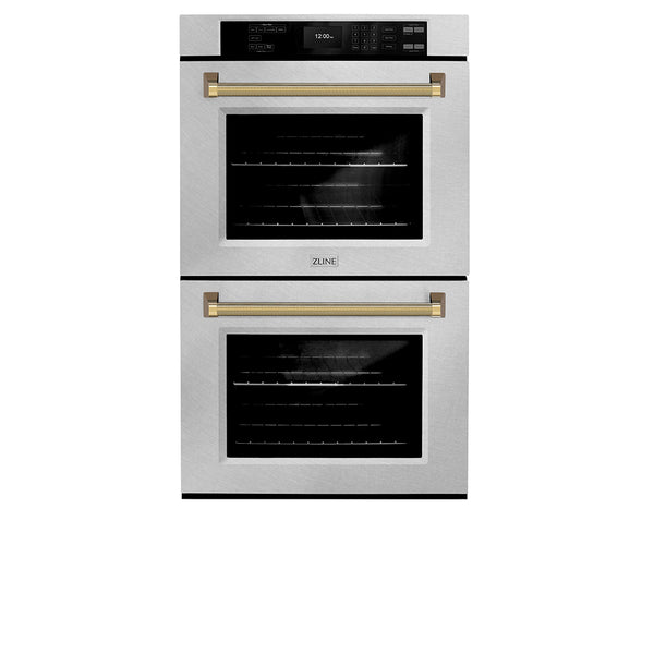 ZLINE Autograph Edition 30 in. Professional True Convection Double Wall Oven with Air Fry and Self Clean in Satin Stainless Steel with Polished Gold Helix Handles (WADSZ-30-KG)