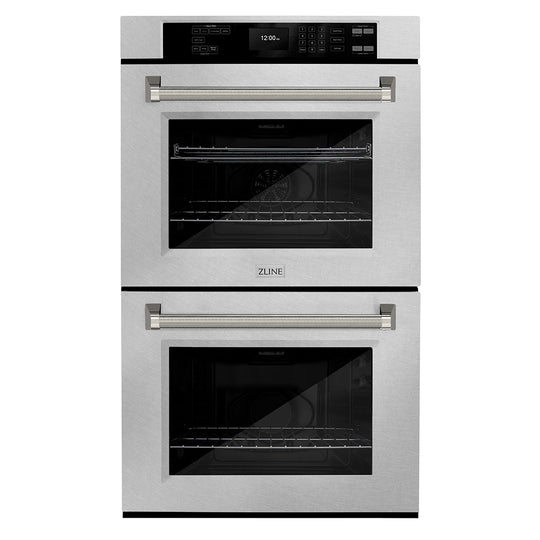 ZLINE Autograph Edition 30 in. Professional True Convection Double Wall Oven with Air Fry and Self Clean in Satin Stainless Steel with Polished Nickel Helix Handles (WADSZ-30-KPN)