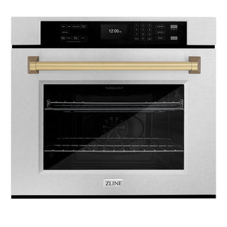 ZLINE 30 in. Autograph Edition Professional True Convection Single Wall Oven with Air Fry and Self Clean in Satin Stainless Steel with Champagne Bronze Handle (WASSZ-30-CB)