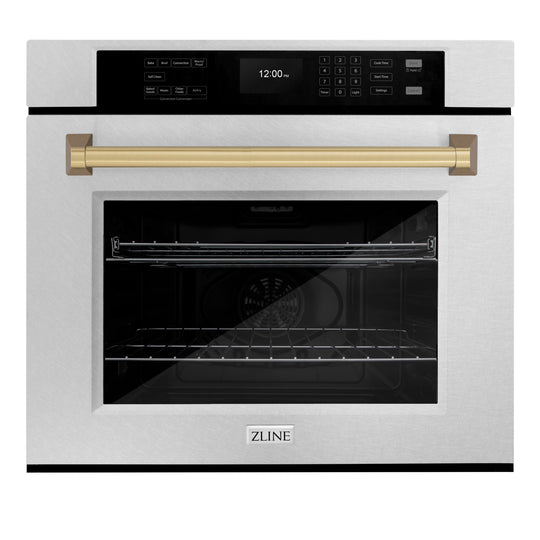 ZLINE 30 in. Autograph Edition Professional True Convection Single Wall Oven with Air Fry and Self Clean in Satin Stainless Steel with Champagne Bronze Handle (WASSZ-30-CB)