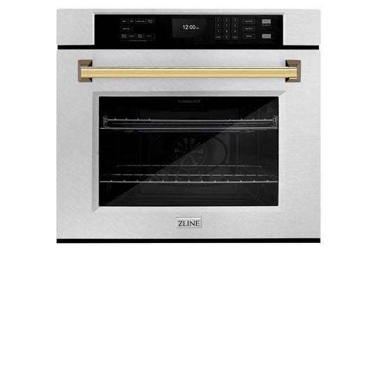 ZLINE 30 in. Autograph Edition Professional True Convection Single Wall Oven with Air Fry and Self Clean in Satin Stainless Steel with Polished Gold Handle (WASSZ-30-G)
