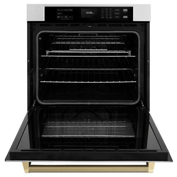 ZLINE Autograph Edition 30 in. Professional True Convection Single Wall Oven with Air Fry and Self Clean in Satin Stainless Steel with Champagne Bronze Helix Handle (WASSZ-30-KCB)