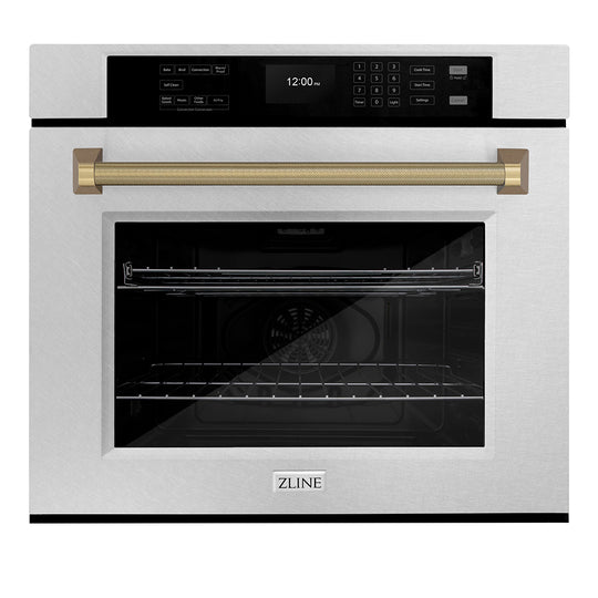 ZLINE Autograph Edition 30 in. Professional True Convection Single Wall Oven with Air Fry and Self Clean in Satin Stainless Steel with Champagne Bronze Helix Handle (WASSZ-30-KCB)