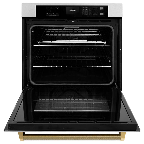 ZLINE Autograph Edition 30 in. Professional True Convection Single Wall Oven with Air Fry and Self Clean in Satin Stainless Steel with Polished Gold Helix Handle (WASSZ-30-KG)