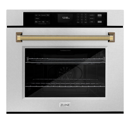 ZLINE Autograph Edition 30 in. Professional True Convection Single Wall Oven with Air Fry and Self Clean in Satin Stainless Steel with Polished Gold Helix Handle (WASSZ-30-KG)