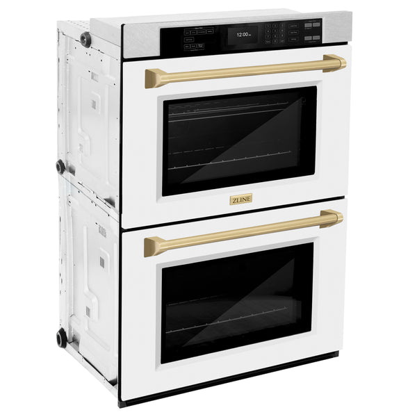 ZLINE 30 in. Autograph Edition Professional True Convection Double Wall Oven with Air Fry and Self Clean in Satin Stainless Steel with White Matte Doors and Champagne Bronze Handles (WADSZ-WM-30-CB)