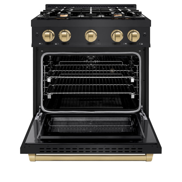 ZLINE Autograph Edition 30 in. 4.2 cu. ft. Select Dual Fuel Range with 4 Burner Gas Cooktop and Electric Convection Oven in Black Stainless Steel with Champagne Bronze Accents, Open Box-Great Condition