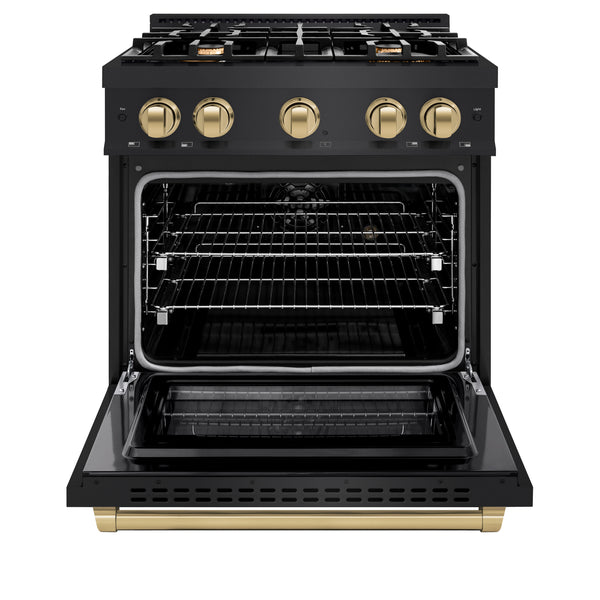 ZLINE Autograph Edition 30 in. 4.2 cu. ft. Select Dual Fuel Range with 4 Burner Gas Cooktop and Electric Convection Oven in Black Stainless Steel with Champagne Bronze Accents (HDRBZ-30-CB)