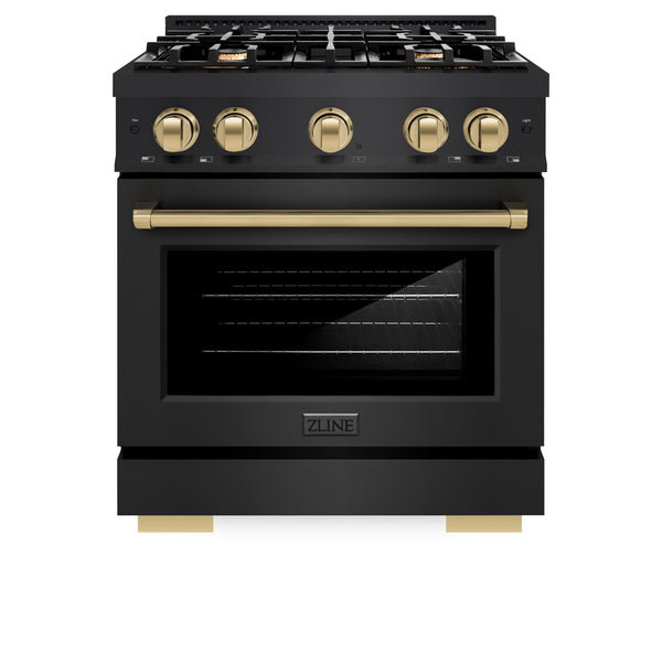 ZLINE Autograph Edition 30 in. 4.2 cu. ft. Select Dual Fuel Range with 4 Burner Gas Cooktop and Electric Convection Oven in Black Stainless Steel with Champagne Bronze Accents (HDRBZ-30-CB)