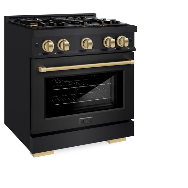 ZLINE Autograph Edition 30 in. 4.2 cu. ft. Select Dual Fuel Range with 4 Burner Gas Cooktop and Electric Convection Oven in Black Stainless Steel with Champagne Bronze Accents (HDRBZ-30-CB)