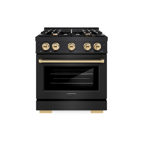 ZLINE Autograph Edition 30 in. 4.2 cu. ft. Select Dual Fuel Range with 4 Burner Gas Cooktop and Electric Convection Oven in Black Stainless Steel with Polished Gold Accents, Open Box-Great Condition
