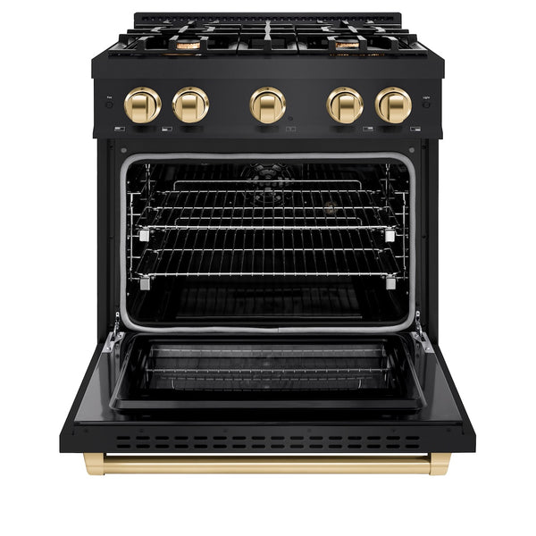 ZLINE Autograph Edition 30 in. 4.2 cu. ft. Select Dual Fuel Range with 4 Burner Gas Cooktop and Electric Convection Oven in Black Stainless Steel with Polished Gold Accents, Open Box-Great Condition