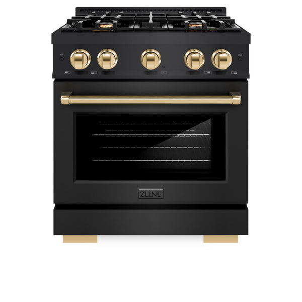 ZLINE Autograph Edition 30 in. 4.2 cu. ft. Select Dual Fuel Range with 4 Burner Gas Cooktop and Electric Convection Oven in Black Stainless Steel with Polished Gold Accents (HDRBZ-30-G)