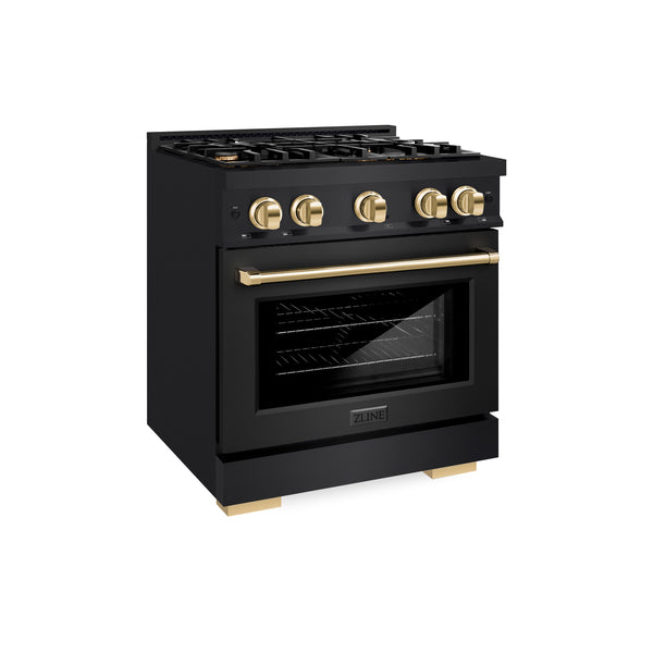 ZLINE Autograph Edition 30 in. 4.2 cu. ft. Select Gas Range with 4 Burner Cooktop and Convection Gas Oven in Black Stainless Steel and Polished Gold Accents (HGRBZ-30-G)