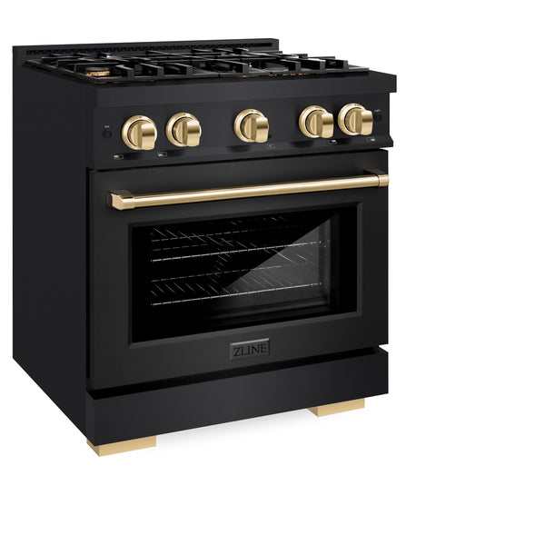 ZLINE Autograph Edition 30 in. 4.2 cu. ft. Select Dual Fuel Range with 4 Burner Gas Cooktop and Electric Convection Oven in Black Stainless Steel with Polished Gold Accents (HDRBZ-30-G)