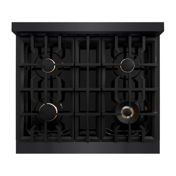 ZLINE Autograph Edition 30 in. 4.2 cu. ft. Select Gas Range with 4 Burner Cooktop and Convection Gas Oven in Black Stainless Steel and Polished Gold Accents (HGRBZ-30-G)