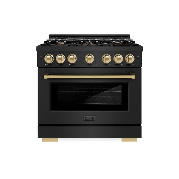 ZLINE Autograph Edition 36 in. 5.2 cu. ft. Select Dual Fuel Range with 6 Burner Gas Cooktop and Electric Convection Oven in Black Stainless Steel with Champagne Bronze Accents (HDRBZ-36-CB)