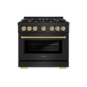 ZLINE Autograph Edition 36 in. 5.2 cu. ft. Select Dual Fuel Range with 6 Burner Gas Cooktop and Electric Convection Oven in Black Stainless Steel with Champagne Bronze Accents, Open Box-Great Condition
