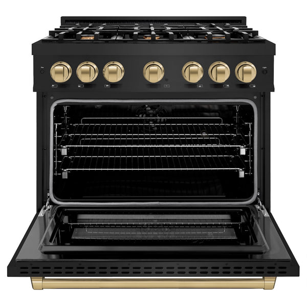 ZLINE Autograph Edition 36 in. 5.2 cu. ft. Select Dual Fuel Range with 6 Burner Gas Cooktop and Electric Convection Oven in Black Stainless Steel with Champagne Bronze Accents, Open Box-Great Condition