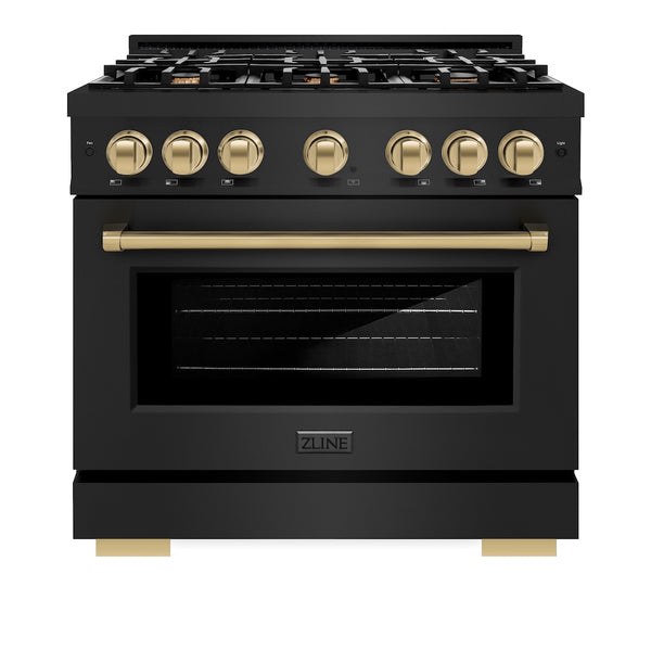 ZLINE Autograph Edition 36 in. 5.2 cu. ft. Select Dual Fuel Range with 6 Burner Gas Cooktop and Electric Convection Oven in Black Stainless Steel with Champagne Bronze Accents, Open Box-Great Condition