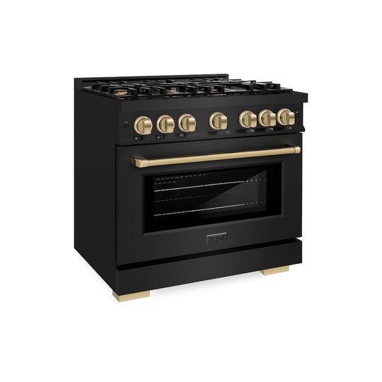 ZLINE Autograph Edition 36 in. 5.2 cu. ft. Select Dual Fuel Range with 6 Burner Gas Cooktop and Electric Convection Oven in Black Stainless Steel with Champagne Bronze Accents, Open Box-Great Condition