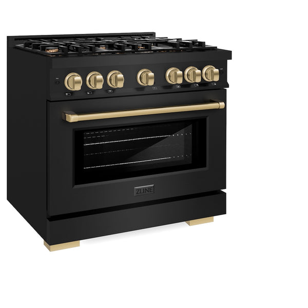 ZLINE Autograph Edition 36 in. 5.2 cu. ft. Select Dual Fuel Range with 6 Burner Gas Cooktop and Electric Convection Oven in Black Stainless Steel with Champagne Bronze Accents, Open Box-Great Condition