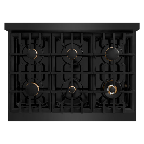 ZLINE Autograph Edition 36 in. 5.2 cu. ft. Select Dual Fuel Range with 6 Burner Gas Cooktop and Electric Convection Oven in Black Stainless Steel with Champagne Bronze Accents (HDRBZ-36-CB)