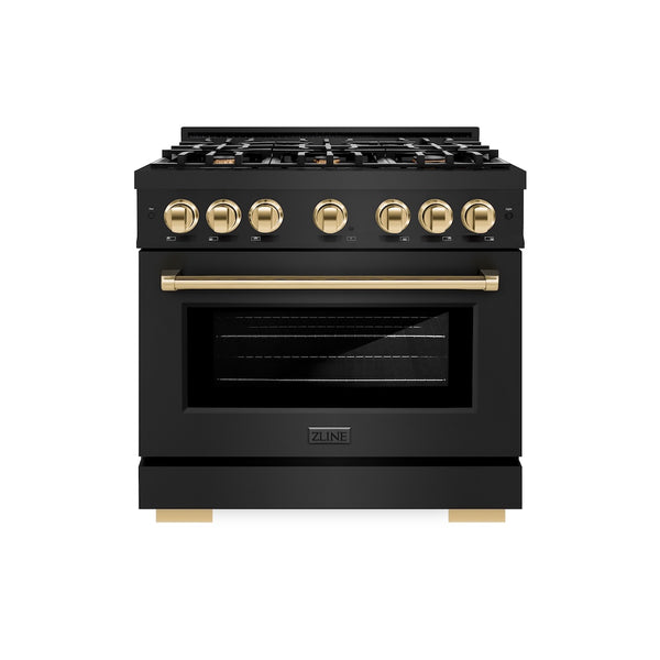 ZLINE Autograph Edition 36 in. 5.2 cu. ft. Select Dual Fuel Range with 6 Burner Gas Cooktop and Electric Convection Oven in Black Stainless Steel with Polished Gold Accents, Open Box-Great Condition