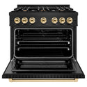 ZLINE Autograph Edition 36 in. 5.2 cu. ft. Select Dual Fuel Range with 6 Burner Gas Cooktop and Electric Convection Oven in Black Stainless Steel with Polished Gold Accents, Open Box-Great Condition