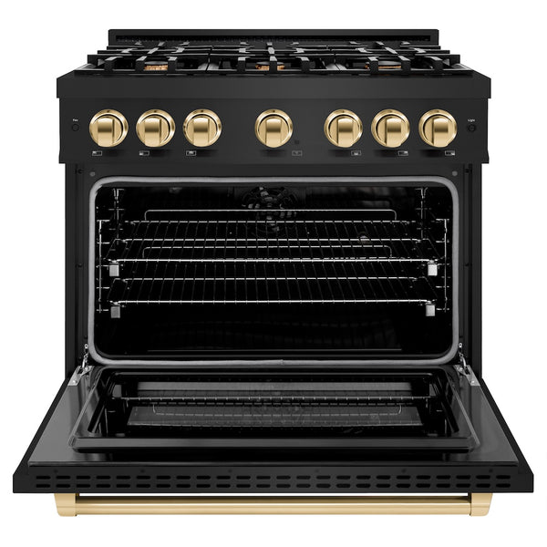ZLINE Autograph Edition 36 in. 5.2 cu. ft. Select Dual Fuel Range with 6 Burner Gas Cooktop and Electric Convection Oven in Black Stainless Steel with Polished Gold Accents, Open Box-Great Condition